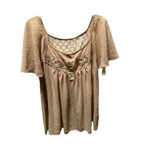 Blue Bird Sheer Beige Embroidered Lace Top Round Neck Butterfly Sleeves Size S